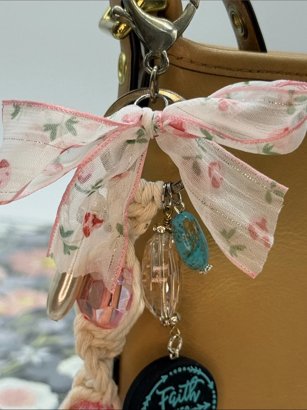 👑Adorned Crown Jewelry purse bag charm keychain Faith over Fear macrame bow